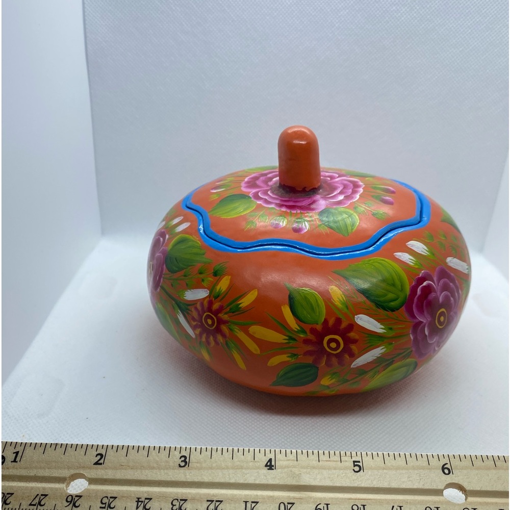 Beautiful Folk Art Hand Painted dried Gourd Pumpkin removable lid colorful